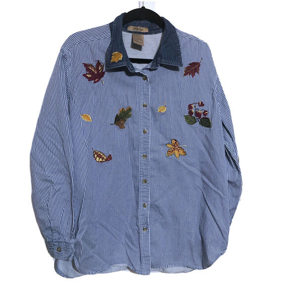 Just My Size Denim Blue Stripe Shirt Embroidered Fall Leaves Womens 14W/16 - Picture 1 of 5